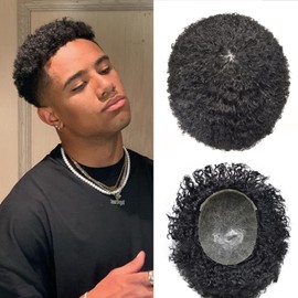 Afro Toupee For Black Men Hair Replacement System Full Poly Kinky Curly Afro Coily Skin PU Weave Hair Units For African American Men Human Hair Piece Afro Wig#1 Jet Black Afro Wave 8mm