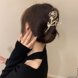 FRUZJAY Gold Rose Hair Clips Flower Hair Claw Clips Large Metal Hair Jaw Claw Rose Flower Hair Clip Rhinestone Flower Hair Clamps Strong Hold Hair Catch Barrette Fashion Hair Accessories for Women