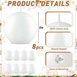 Zhengmy 8 Pcs Mini Ball Round Candle 2'' Christmas Wax Candle,White