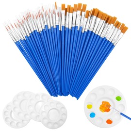 65 Pcs Flat Paint Brushes Set, 60pcs Acrylic Paint brush + 5 PCS Round Paint Pallet Trays,Fine Brush Set, Detail Brush, Suitable For Classroom Model Canvas Acrylic Watercolor Craft Supplies