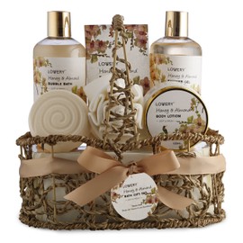 Womens Gifts, Gift Baskets for Women Who Have Everything, Home Spa Honey & Almond Scent, Luxury Bath & Body Set - Shower Gel, Bubble Bath, Body Lotion, Salts, Bath Bomb, Bath Puff & Handmade Basket