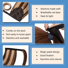 Hairro Ponytail Extensions Human Hair Wrap Around Pony Tails Hair Piece Remy Hair Clip in Ponytails with Magic Paste For Women 14inch 80g #4P27 Medium Brown mix Dark Blonde