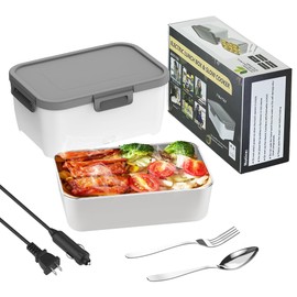 ROTTOGOON Electric Lunch Box, Food Heater 2 in 1 12V/110V Food Warmer Lunch Box(1.8L Large Capacity) Heated Lunch Box for Car/Truck/Home/Office with Fork and Spoon(White & Gray)