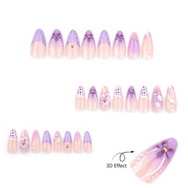 KTAABTR 3D Flower Press on Nails Almond Shaped Acrylic Nails Purple Fake Nails with Glue Medium False Nails Stick on Nails for Woman Girls French Tip Design Artificial Nails Decoration Supply 24Pcs