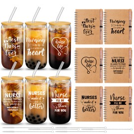 Skylety 18 Pcs Nurse Appreciation Gifts Set Included 16oz Can Shaped Glass Cups with Lids and Straw A6 Leather Journal Notebook Glitter Ballpoint Pen for Nurses Week Graduation Student(Classic)
