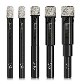 Dry Diamond Drill Bits Set 5 PCs for Granite Ceramic Marble Tile Stone Glass Hard Materials (not for Wood), Round Shank 1/4, 5/16, 3/8, 1/2 inch with Storage Case