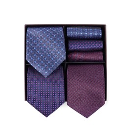 BRERA 67 Set of 3 Ties for Men and 3 Handkerchiefs, Gift Box for Men with Tie and Fabric Handkerchiefs, Wedding Gift Box, Classic Tie and Pocket Square, Bordeaux and Fuchsia