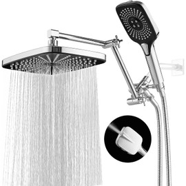 Wide Rain Shower Head with Handheld Spray Combo and Extention Arm, 12 Inch Waterfall Rainfall High Pressure Square Shower Heads, Dual Showerhead with 3-Way Diverter - Height/Angle Adjustable(Chrome)