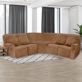 MIFXIN Recliner Sofa Covers 5 Seat Corner Sofa Slipcovers Velvet Stretch Elastic 7 Piece Reclining Cover L Shaped Sectional Couch Set Furniture Protector (Camel)