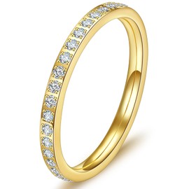 Wedding Bands Promise Rings for Women: 18K Gold Plated Stainless Steel CZ Simulated Diamond Eternity Band Stackable Engagement Ring 2mm Thin Jewelry Silver Rose Gold Size 5 6 7 8 9 10 (2mm_Gold_Full CZ, 5)