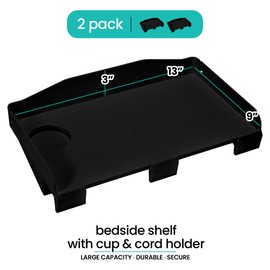 Modern Innovations 2 Count Bedside Organizer for Bed – Clip On Tray with Cup & Cord Holder – for College Dorm, Top Bunk, or Kids Bedroom (Black)