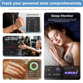 APOBATK Smart Ring for Men and Women, Silver Fitness Tracker Ring with Heart Rate, Sleep Tracking, Step Counter, 170+ Activity Modes, Gesture Control for Music and Video, IP68 Waterproof Siver #08