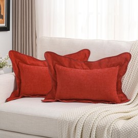 FUTEI Red Chenille Throw Pillow Covers 12x20 Inch Set of 2,Double Stitch Scalloped Bordered Soft Rectangular Lumbar Pillow Cases,Home Decor for Couch,Bed,Living Room