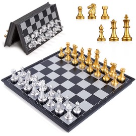 Foldable Magnetic Chess Set with Deluxe Gold and Silver Magnet Chess Pieces, 25cm x 25cm Medium Folding Chessboard Checkers International Chess