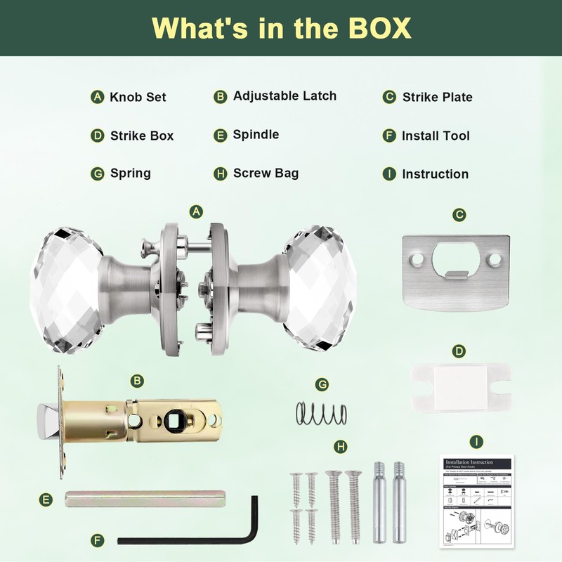 Lepushom 1 Pack Crystal Door Knobs Interior, Elegant Satin Nickel