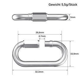 ORTAVA Pack of 4 M3 Screw Carabiners, Carabiner Hooks, Stainless Steel 70 kg Bearing, Stainless Steel Carabiner for Outdoor, Swing, Camping and Hiking, Chain Link Made of Stainless Steel A2 V2