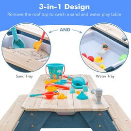 VYOMAMA Kids 3-in-1 Sand & Water Table, Wood Outdoor Convertible Picnic Table with Umbrella, 2 Trays, Removable Top with Faucet, Picnic for Outdoor (Blue/Navy)