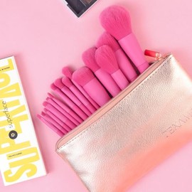 Juego de brochas de maquillaje, 15 brochas sintéticas de alta calidad para base, colorete, iluminador, corrector, kit de viaje, rosa intenso