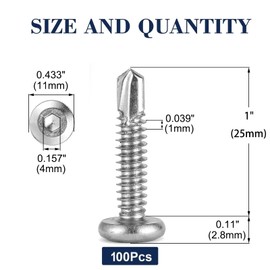 SG TZH 12 x 1" Stainless Steel Flat Head Socket Cap Screws, 100Pcs, Allen Socket Drive, Self Tapping