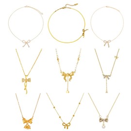 Coolkin Women's 9 Pcs 14k Gold Plated Bow Necklace Set, Adjustable Snake Chain & Pearl Bow Pendant, Fashion Jewelry for Gift
