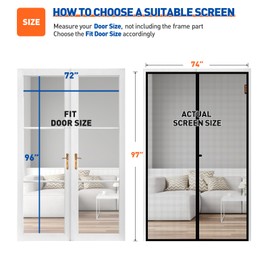 MAGZO Magnetic Screen Door Fit Door Size 72 x 96 Inch, Screen Size 74" x 97" Strong Magnet French Style Mesh, Heavy Duty Fiberglass Mesh with Hook & Loop for Sliding Entrance, Gray
