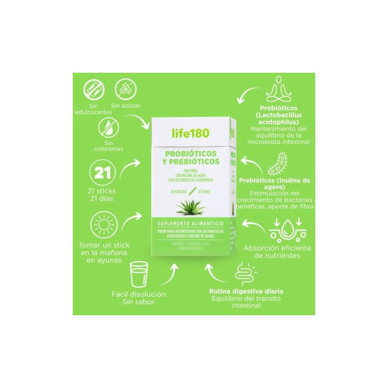 Life180 Probióticos y Prebióticos con Inulina de Agave, 21 Sticks