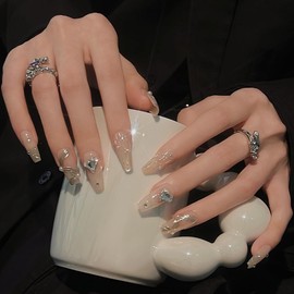 Pure Handmade Nails Press on Nail Reusable Fake Nails White Rhinestones Bling Bling Nude Medium Stick on Nails French Tip False Nails 10pcs (XS, Q271)