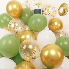 Gold Balloons, Green Balloons Party Decorations, 50 Pcs 12 In Birthday Decorations for Wild One Birthday Decorations Boy, Happy Birthday Balloons with Gold Balloons, Green Balloons and White Balloons