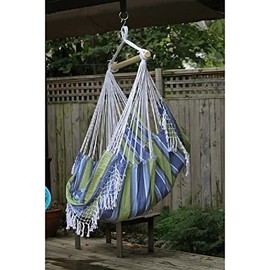 Single Indoor Hammock Chair with Chains & Spreader Bar Stand Included Tightly Woven Durable Fabric Vibrant Colors Outdoor Compact Design Crochet Edging Hardwood Pole Retro Vibe Purple Green Stripes