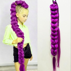 Purple Hair Extensions Pre-Braids Braiding Hair for Cosplay Halloween Stage Performances 24 Inch Ponytail Extension with Elastic Tie (purple, 28inch braids)