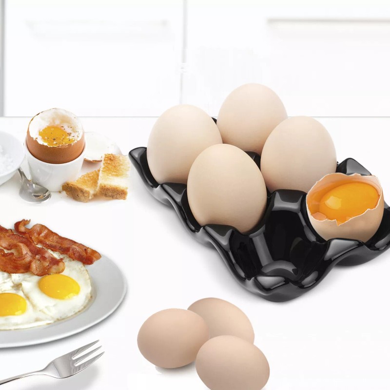Ceramic Egg Tray 6-Cup Egg Holder Container for Fridge (Black,