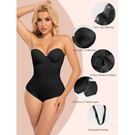 Slimers Strapless Shapewear Seamless Bodysuit - Tummy Control Sculpt Body Shaper : Black Removable Straps Butt Lifting Shapewear