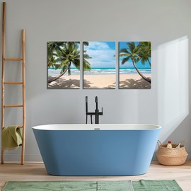 Canvas Wall Art Summer Ocean Waves Coconut Trees on Sands Tropical Beach Seascape Painting Sea Nature Pictures for Living Room Home Office Wall Decor Artwork Framed Ready to Hang 12x16inch set of 3