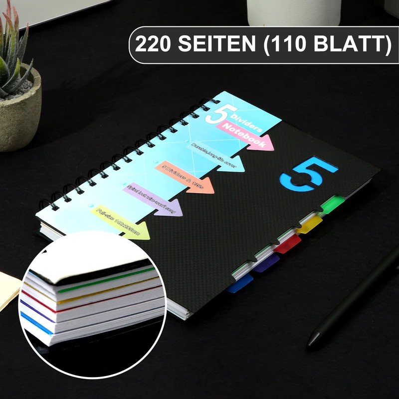 CAGIE A5 Notebook with Index Ruled Spiral Bound 220 Sheets
