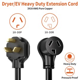 PlugSaf 30 AMP 3 Prong Dryer Cord 10 FT Outdoor Black, 10/3 Gauge Dryer Extension Cord Heavy Duty, NEMA 10-30P to 10-30R Dryer Power Cord and EV Charging, 125V/250V STW 10 Gauge ETL Listed