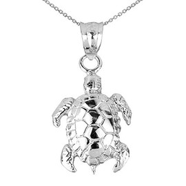 925 Sterling Silver Detailed Turtle Shell Charm Pendant Necklace, 20"