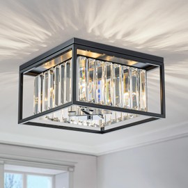 LumFurn 4-Lights K9 Crystal Ceiling Light, Close to Ceiling, 2-Tier Square Flushmount Light Fixture for Living Room, Foyer, Bedroom, L12 x W12 x H7, Clear Crystal, Black & Chrome Finish