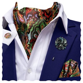 Hi-Tie Ascot Lapel Pin Set Mens Cravat Ties for men Wedding Scarf Tie Party Business Formal Tuxedo,Green Red Paisley