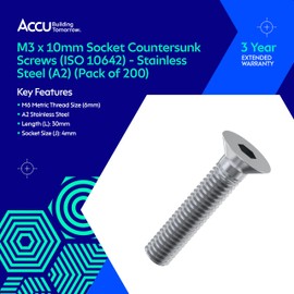 Accu - M3 x 10mm Socket Countersunk Screws (ISO 10642) - Stainless Steel (A2) (Pack of 200)
