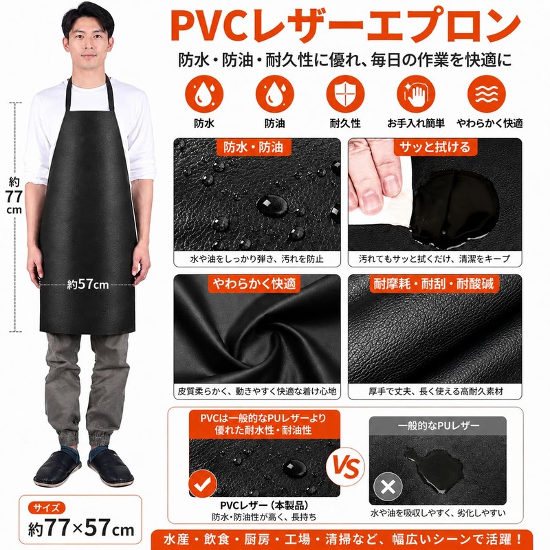 [ZORVETTA] エプロン メンズ 防水エプロン 作業用 業務用 黒 PVC素材 厚手 耐油