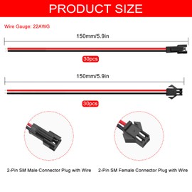 Lyeteung 30 Pairs Mini Micro JST-SM Plug Connector, JST 2 Pin Micro Electrical Male and Female Connector Plug Wire Cable, with 150mm 22AWG Wire (Red Black)