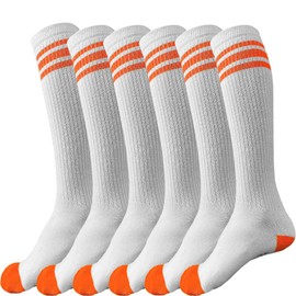 juDanzy 3 Pairs of Knee High Boys or Girls Stripe Team Tube Socks for Soccer, Basketball, baseball and Everyday Wear, White With Orange Stripes, 6-10 Years