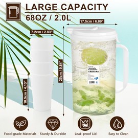 Gymdin - Jarra inastillable y 4 tazas, jarra de agua de plástico delgada con tapa (2 L/68 onzas), sin BPA, apta para congelador/lavaplatos, perfecta tanto para bebidas heladas como calientes, color