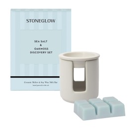 Stoneglow Modern Classics Collection - Sea Salt & Oakmoss - Ceramic White Wax Melter & Soy Wax Melt Bar Discovery Set