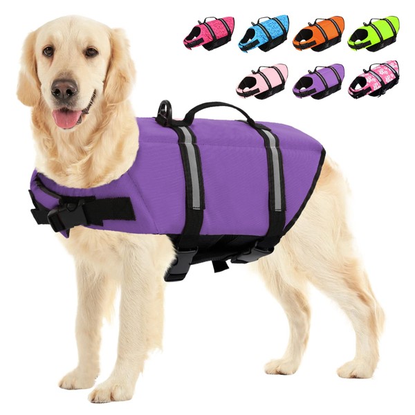 SUNFURA Ripstop Dog Life Jacket, Dog Flotation Life Vests for Swimming, Beach Boating Dog Life Preserver with High Buoyancy and Rescue Handle for Small Medium Large Dogs (Purple, L)
