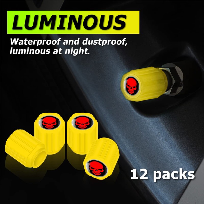 12PCS Fluorescent Skull Car Tire Valve Stem Caps, ABS Corrosion