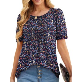 GRECERELLE Womens Summer Tops Casual Dressy Soft Short Sleeve Tunic Front Pleated Spring Crew Neck Tees T-Shirts Loose Blouse for Ladies (Dark Blue Mimosa, M)