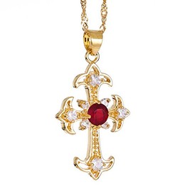 RIZILIA Crucifix Cross Pendant with 45cm(18") Chain & Round Cut Gemstones CZ [Red Ruby] in 18K Yellow Gold Plated, Simple Modern Elegance