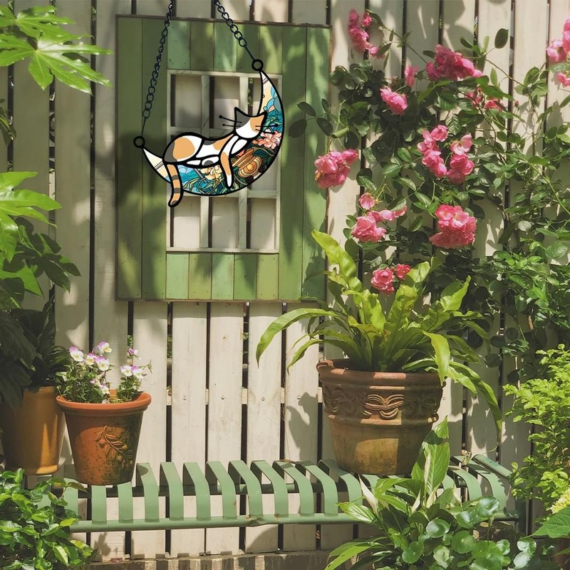 Stained Glass Window Hanging Cat, Cat Suncatchers for Windows Hanging,