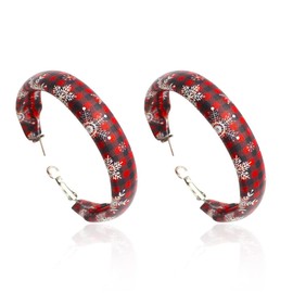 Large Red Matte Round Hoop Earrings Wide Faux Leather Multicolor Pierced for Women Classic Lightweight Wedding Holiday Jewelry-Snowflake